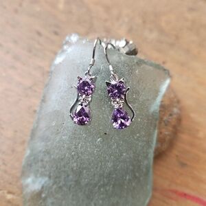 Purple Glass Crystal Cat Kitty Earrings w/ 925 Sterling Silver Hooks